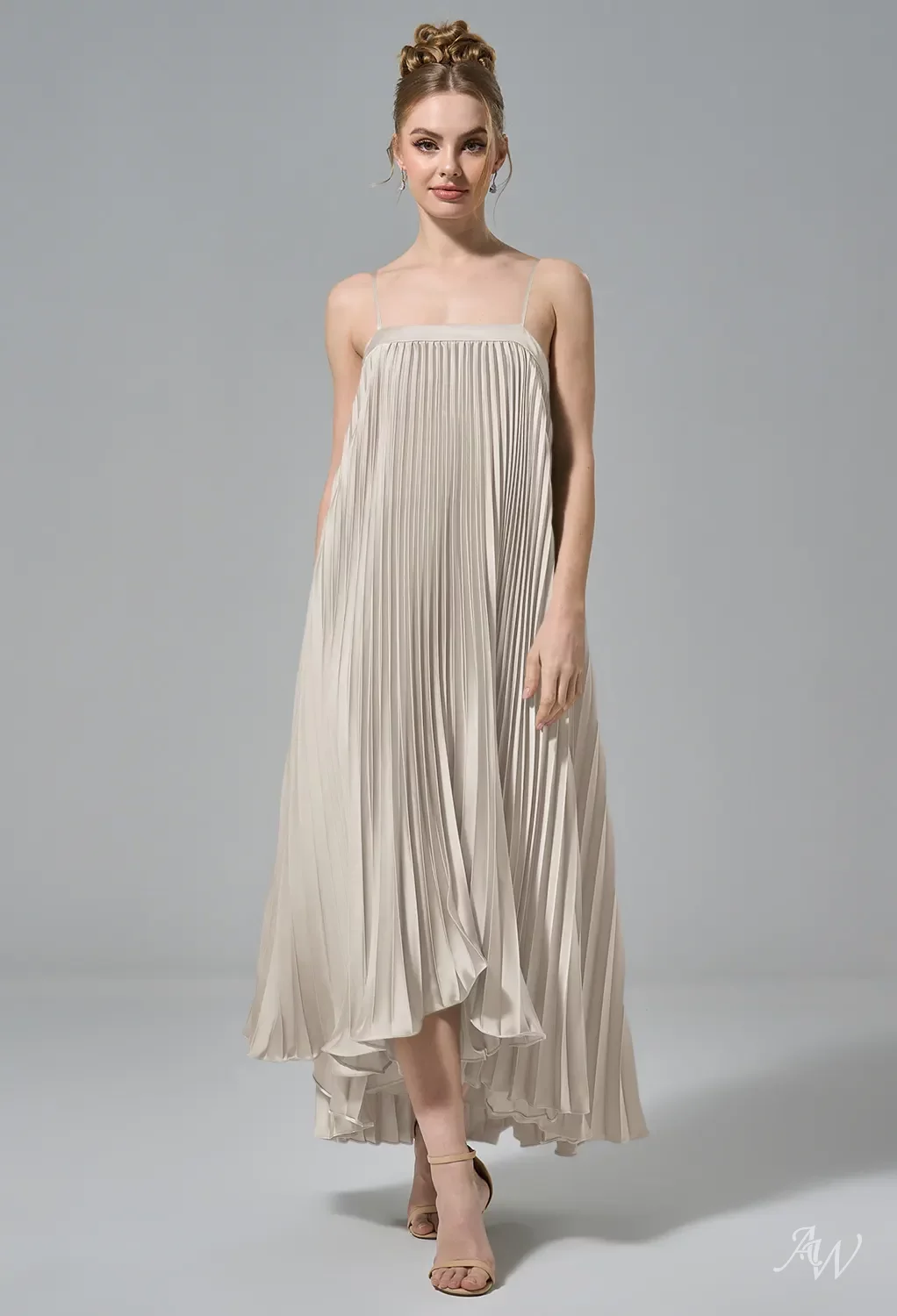 AW Daria Dress, Sand Gold Crystal Satin Satin Charmeuse Stretch